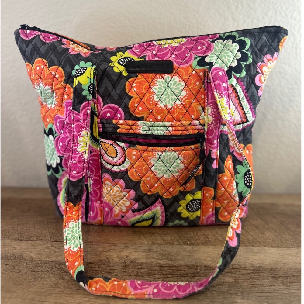 Vera Bradley Sierra Quilted Cotton Floral Tote Bag Grey Pink Orange Zip Shoulder - Picture 1 of 5